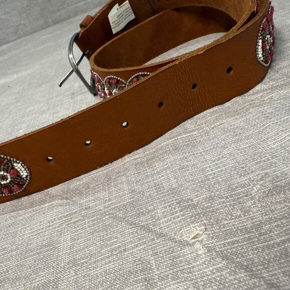 Lucky Brand Brown Leather Beaded Belt Silver-Tone Buckle & Floral Design Size S - Picture 14 of 16